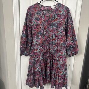 Evereve Sutton Cotton Tie Waist Floral Mini Dress Large Puff Sleeve Teal Pink